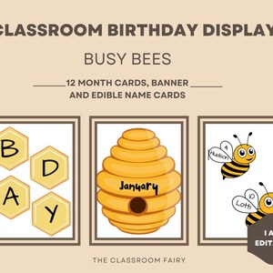 May include: Classroom birthday display with a beehive theme. The display includes 12 month cards, a banner, and editable name cards. The beehive is yellow and has the word "January" written on it. The name cards feature bees with the names "Hudson" and "Lotti" written on them.