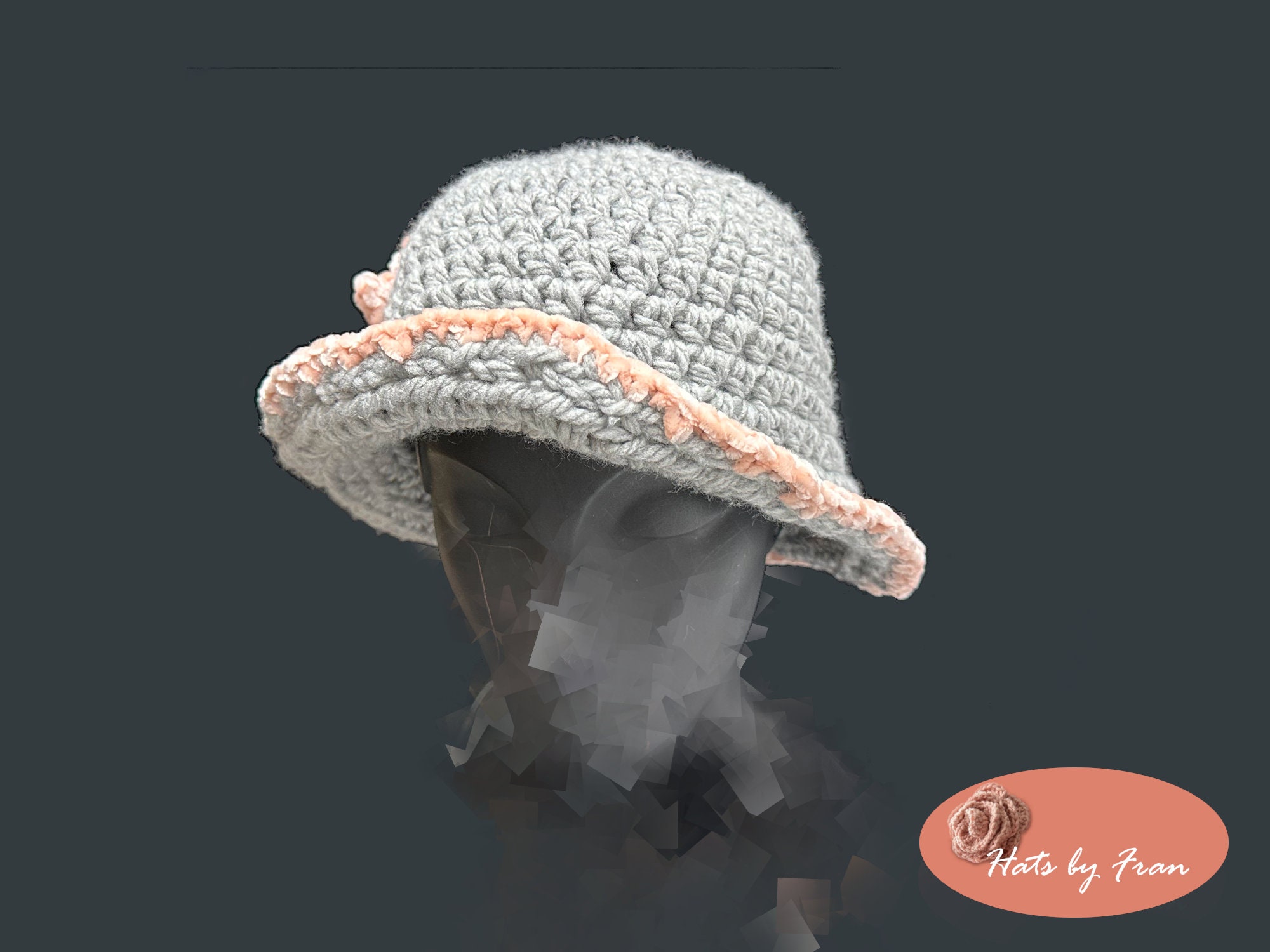 Soft and Cozy Gray Crochet Cloche Hat With Pink Velour Rim 