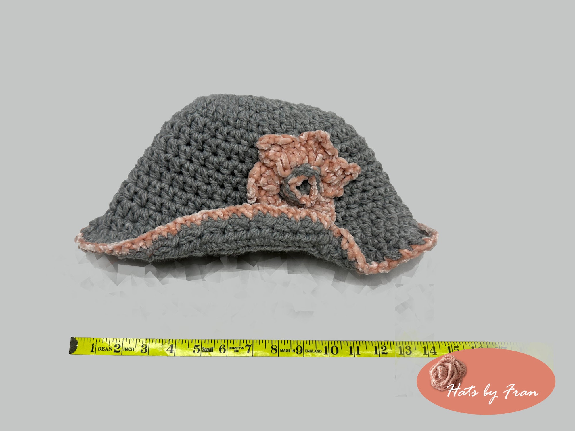 Gray Crochet Cloche Hat with Floral Accents Soft and Cozy Gray Crochet Cloche Hat With Pink Velour Rim  main image 4