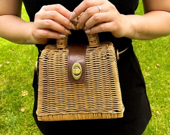Handwoven Rattan Crossbody Bag – Boho Straw Top Handle Purse