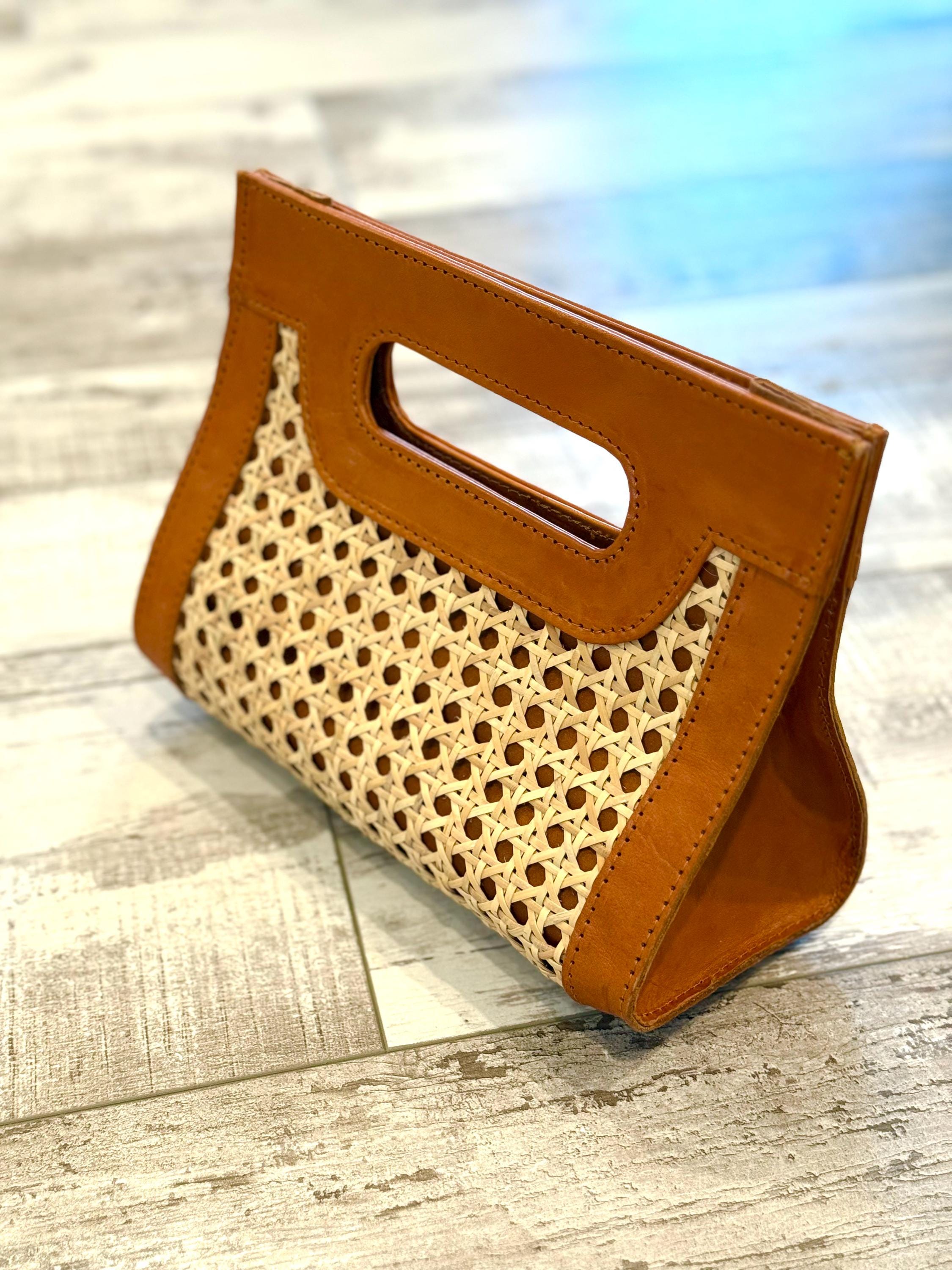 Handmade Rattan Clutch – Woven Cane & Leather Handbag, Boho