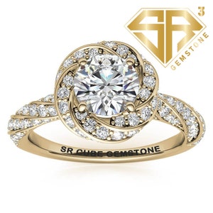 Round Cut Art Deco Moissanite Engagement Ring,2.9CT Round Cut Split Shank Ring,Two Tone Flower Style Halo Split Shank Wedding Ring For Bride