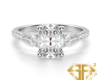 2 CT Oval Moissanite Engagement Ring, Oval Cut Three Stone Ring Pear Cut Side Stone, Anniversary Ring, Wedding Gift,Elongated Pear Cut Ring