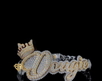 Bracelet personnalisé prénom avec maillons cubains, bracelets personnalisés lettre Moissanite, bijoux de bal avec prénom hop hop plaqué or deux tons Meilleur cadeau pour elle