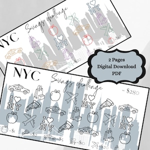 May include: Two-page digital PDF savings challenge with an NYC theme. The design features illustrations of taxis, shopping bags, apples, airplanes, pizza slices, and the "I Love NY" logo. The total savings amount is $280.
