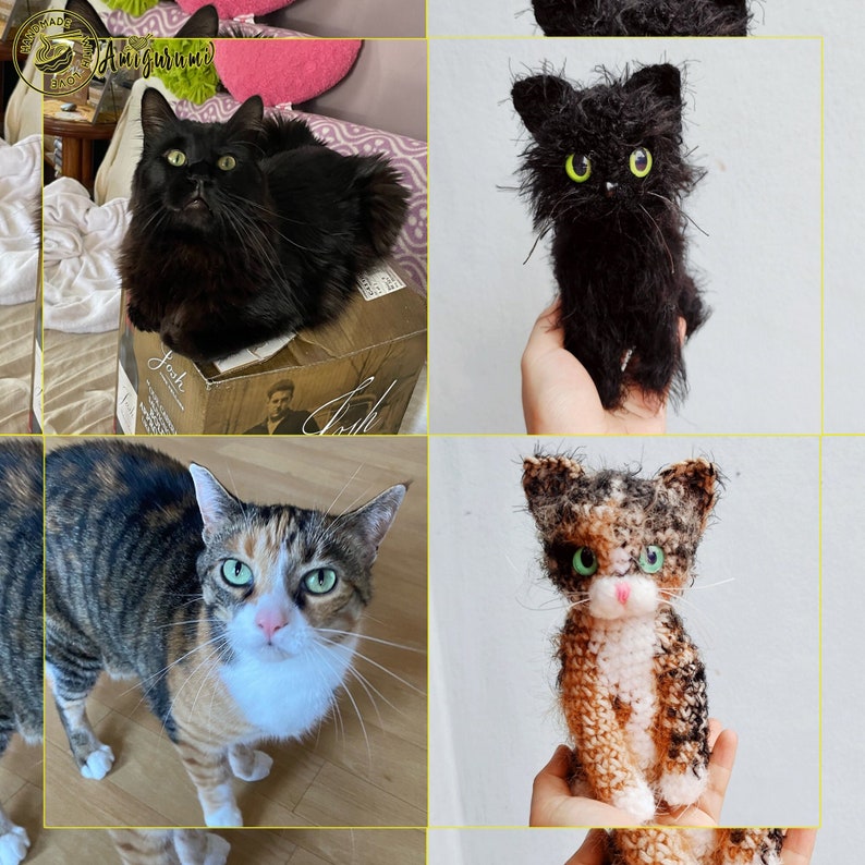 May include: A collage of four images featuring crocheted cat toys. The first image shows a black crocheted cat toy with green eyes. The second image shows a black cat with green eyes. The third image shows a calico crocheted cat toy with green eyes. The fourth image shows a calico cat with green eyes.