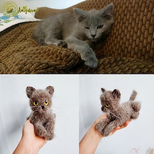 May include: Two gray crocheted cat toys. One is a realistic gray cat with yellow eyes. The other is a smaller, more cartoonish gray cat with yellow eyes. Both are handmade.