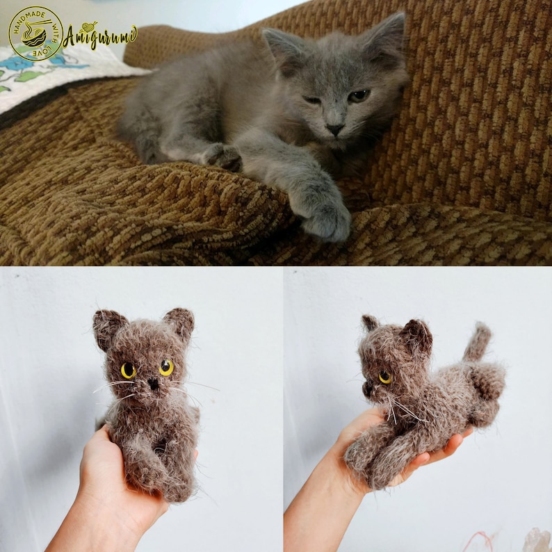 May include: Two gray crocheted cat toys. One is a realistic gray cat with yellow eyes. The other is a smaller, more cartoonish gray cat with yellow eyes. Both are handmade.