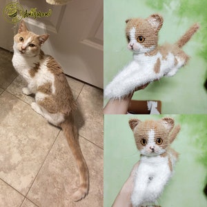 May include: A crocheted amigurumi cat toy with white and brown fur. The cat is sitting with its paws tucked under its body and its tail curled around its legs. The cat has a white patch on its chest and a white stripe on its forehead.