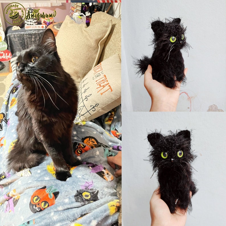 May include: A black cat amigurumi plush toy with green eyes. The toy is sitting on a hand. The toy is handmade.