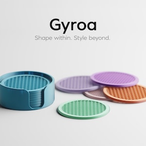 May include: A set of colorful coasters in shades of teal, purple, orange, and green. The coasters have a textured surface and are displayed with a matching teal holder. The word "Gyroa" is displayed in black text.