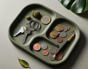 May include: A green tray with four compartments. The tray is filled with various items, including keys, coins, a pencil, and small green objects.