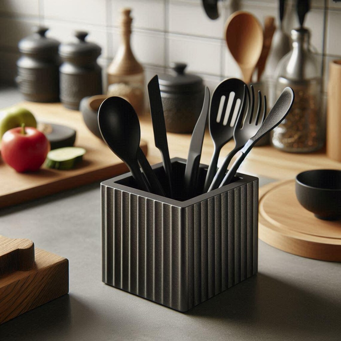 Ribbed Wood Utensil Holder