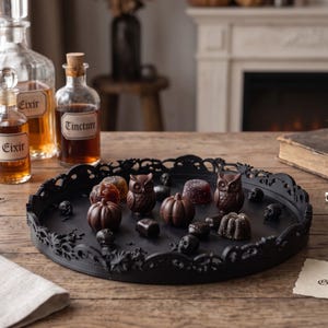 May include: A round black tray with an intricate filigree border, featuring small chocolate figures shaped like owls, pumpkins, and skulls. The tray is placed on a wooden surface alongside a card with the text Ornate Gothic Tray.