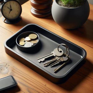 May include: A black rectangular tray with rounded corners holds a small black bowl with coins and a set of keys. A black alarm clock and a small potted plant are in the background. The tray sits on a wooden surface.