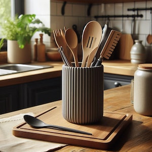 Peut inclure: Un porte-ustensiles en céramique gris avec une texture nervurée, rempli de cuillères en bois, de spatules et d'un fouet en métal. Le porte-ustensiles est posé sur une planche à découper en bois.