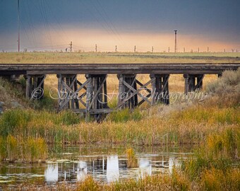 Könnte beinhalten: Eine hölzerne Eisenbahnbrücke über einen Teich mit hohem Gras und Schilf. Die Brücke ist aus verwittertem Holz in dunkelbrauner Farbe gefertigt. Der Teich ist ruhig und spiegelt den Himmel und die Brücke wider. Der Himmel ist hellblau mit ein paar Wolken.