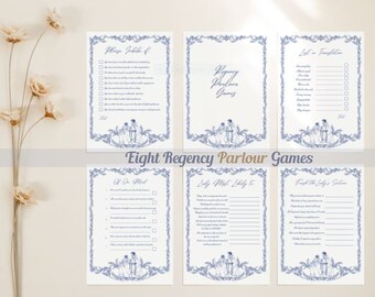 Juegos de salón Regency para una noche de juegos elegante, Paquete botánico elegantemente temático para diversión en interiores en té estilo Austen, Color azul real
