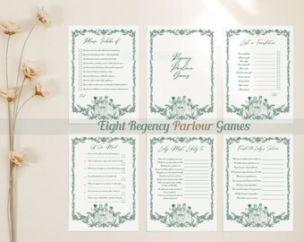 Juegos de salón Regency para una noche de juegos con clase, elegante paquete botánico temático para diversión en interiores en té alto estilo Austen, color verde bosque