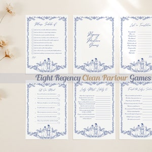 May include: Eight printable Regency era parlour game cards with blue and white floral borders. The cards feature titles like "Who Inhabits", "If One Must", "Lady Most Likely To", and "Toast the Lady's Salute".