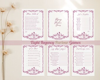 Juegos de salón Regency para una noche de juegos elegante, elegante paquete botánico temático para diversión en interiores en estilo Austen High Tea, color rosa