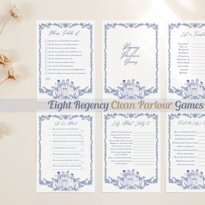 May include: A set of eight Regency Clean Parlour Games cards. Each card features a blue floral border and text, with titles such as "Please Indicate If" and "Lady Most Likely To." The font is classic and elegant, suitable for a refined aesthetic.