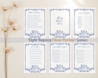 CLEAN Regency Juegos de salón para una noche de juegos con clase, paquete elegantemente temático para diversión en interiores en té alto estilo Austen, color azul real