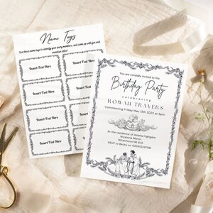 May include: A printable birthday party invitation with a black and white floral design. The invitation says "You are cordially invited to the Birthday Party celebrating Rowah Travers Commencing Friday May 13th 2023 at 3pm At the residence of Amelia Highgate Wysteria Manor,  Witanhurst NG 8LS RSVP to Becky on 020413347881"