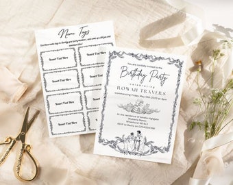 Invitación de cumpleaños con temática Regencia con obras de arte únicas dibujadas a mano para una celebración elegante y con clase de su ocasión especial.