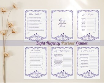 Juegos de salón Regency para una noche de juegos elegante, elegante paquete botánico temático para diversión en interiores en estilo Austen High Tea, color púrpura real