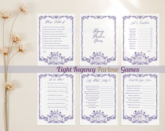 Juegos de salón Regency para una noche de juegos elegante, elegante paquete botánico temático para diversión en interiores en estilo Austen High Tea, color púrpura real