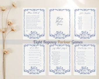 Juegos de salón Regency para una noche de juegos con clase, elegante paquete botánico temático para diversión en interiores en té alto estilo Austen, color azul real