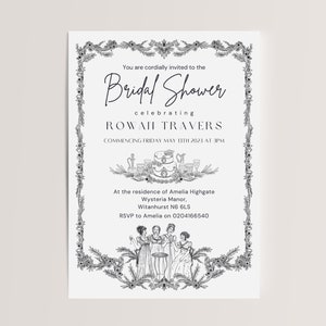 Regency themed bridal shower invitation with unique hand-drawn artwork for an elegant and classy celebration of your special occasion.