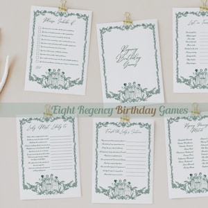 Regentschafts-Geburtstags-Spiele für einen klassischen Geburtstag, Namenstag-Bundle-Spaß im Jane Austen-Stil High Tea, grüne Farbe