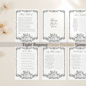 May include: Eight printable Regency parlour game cards with black and white illustrations of women in gowns. The cards feature titles like "Please Judge If...", "Lost in Translation", "Of One Mind", "Lady Most Likely To", and "Fight the Lady's Scutcheon".