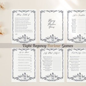 May include: Eight printable Regency parlour game cards with black and white illustrations of couples in period dress. The cards feature titles like "Maze Jobabe f", "Lyt in Translation", "At One Mind", "Lady Most Likely to", and "Tough the Lady's Solution".