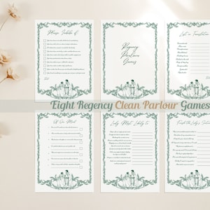 May include: Eight printable Regency parlour game cards with a green floral border and a black and white illustration of two women in period dress. The games include "Phase Jabble of", "List in Translation", "Of One Mind", "Lady Most Likely To", and "Finish the Lady's Sentence".