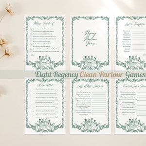 May include: Eight printable Regency era parlour game cards with green floral borders and illustrations of women in gowns. The games include "Many Jabbers", "Lot in Translation", "If One Must", "Lady Most Likely To", and "Finish the Lady's Galore".