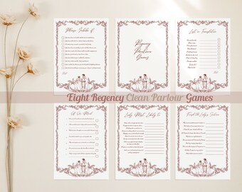 CLEAN Regency Juegos de salón para una noche de juegos con clase, paquete elegantemente temático para diversión en interiores en té alto estilo Austen, color terracota