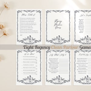 May include: Eight printable Regency parlour games with black and white illustrations of couples in a garden setting. The games include "Please Judge If", "Lost in Translation", "At One Mind", "Lady Most Likely To", and "Finish the Lady's Sentence".