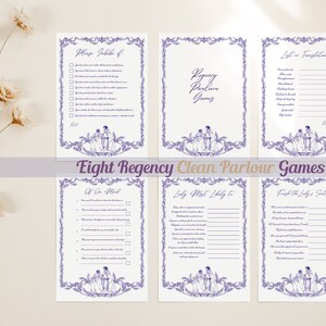 May include: Eight printable Regency parlour game cards with a blue and white floral border. The cards feature a couple in a vintage illustration. The games include "Lady Most Likely To", "Lost in Translation", "If You Must", "Forget the Lady's Secret", and "Whose Jubilee is it?"