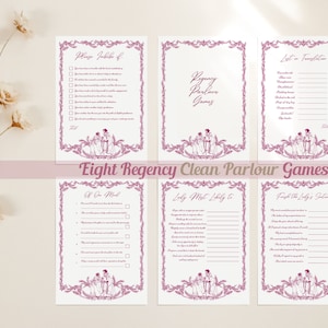 May include: Eight printable game cards with a Regency theme. Each card features a different game, such as "Who is Most Likely To" and "Guess the Lady's Secret". The cards are decorated with a pink floral border and a couple in period dress.