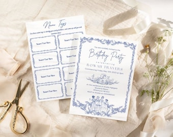 Juego de invitaciones de cumpleaños con temática de la Regencia con ilustraciones únicas dibujadas a mano para una celebración elegante y con clase de tu ocasión especial.