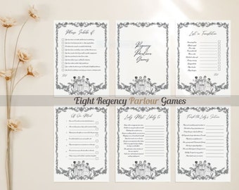 Juegos de salón Regency para una noche de juegos con clase, elegante paquete botánico temático para diversión en interiores en té alto estilo Austen, color negro