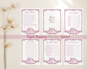 Juegos de salón Regency para una noche de juegos con clase, elegante paquete botánico temático para diversión en interiores en té alto estilo Jane Austen, color rosa