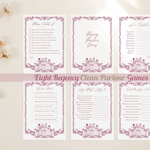 May include: Eight printable Regency-themed parlour games with a pink and white colour scheme. The games include "Many Jewels of", "List in Translation", "Of One Mind", "Lady Most Likely To", and "Finish the Lady's Sentence".