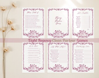 CLEAN Regency Juegos de salón para una noche de juegos con clase, paquete elegantemente temático para diversión en interiores en té alto estilo Jane Austen, color rosa