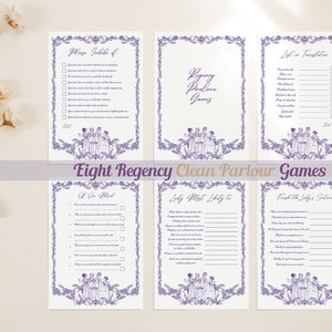 May include: Eight printable Regency parlour game cards with a purple floral border and a group of women in a circle in the centre. The games include "Things Ladies of...", "Lost in Translation", "If You Must", "Lady Most Likely To", and "Forget the Lady's Salons".