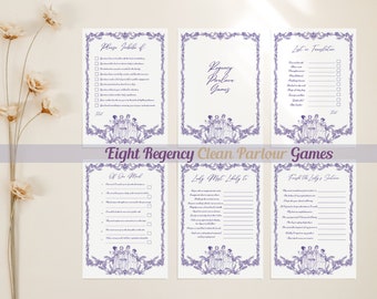 Juegos de salón CLEAN Regency para una noche de juegos con clase, paquete elegantemente temático para diversión en interiores en té alto estilo Austen, color morado real