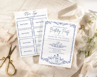 Invitación de cumpleaños con temática Regencia con obras de arte únicas dibujadas a mano para una celebración elegante y con clase de su ocasión especial.